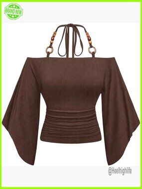 Off Shoulder Halter Top Flare Sleeve Ruched Fitted Going Out Top